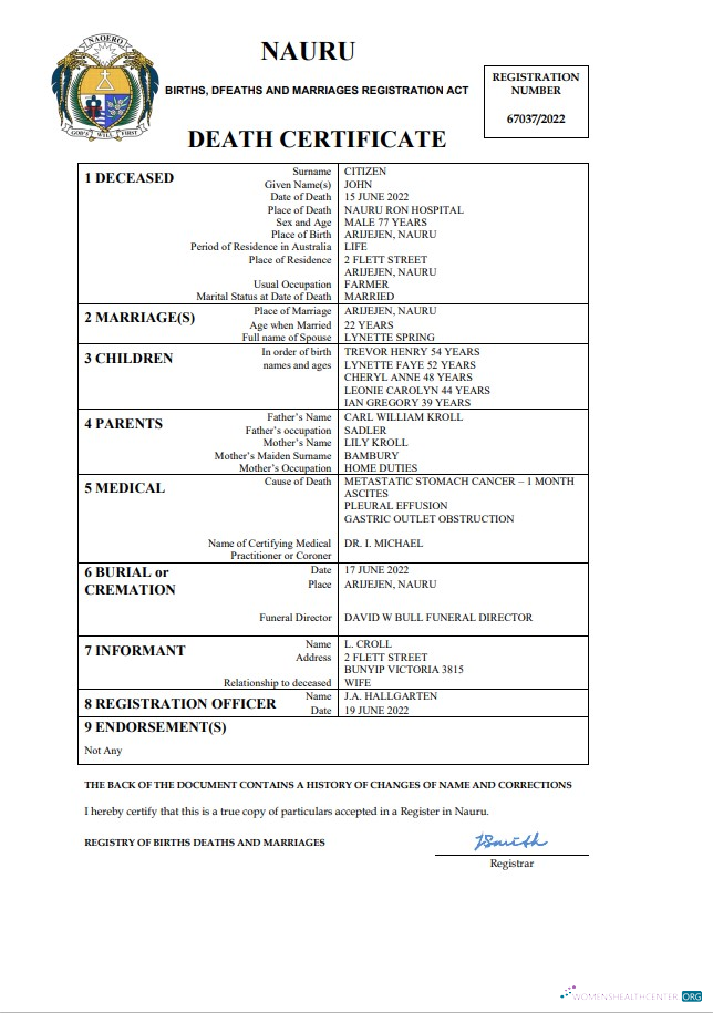 Download Nauru death certificate Word and PDF template Photoshop template